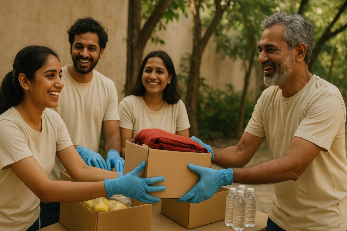 Volunteers distributing essential supplies.