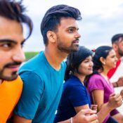 Large group of multi generation people running a race competition